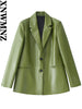 XNWMNZ woman lapel collar long sleeves shoulder pads faux leather blazer women vintage faux leather high waist trousers