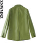 XNWMNZ woman lapel collar long sleeves shoulder pads faux leather blazer women vintage faux leather high waist trousers