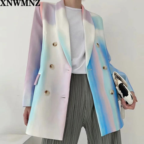 XNWMNZ za Women 2022 Double Breasted Tie-dye Print Blazer Coat Vintage Long Sleeve Pockets Female Outerwear Chic Tops