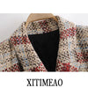 Xitimeao  Women 2023 Double Breasted Tweed Check Blazers Coat Vintage Long Sleeve Pockets Female Outerwear Chic Tops