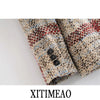 Xitimeao  Women 2023 Double Breasted Tweed Check Blazers Coat Vintage Long Sleeve Pockets Female Outerwear Chic Tops