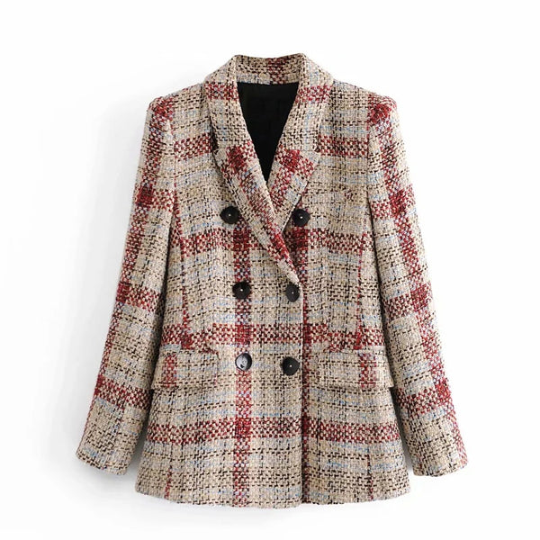 Xitimeao  Women 2023 Double Breasted Tweed Check Blazers Coat Vintage Long Sleeve Pockets Female Outerwear Chic Tops