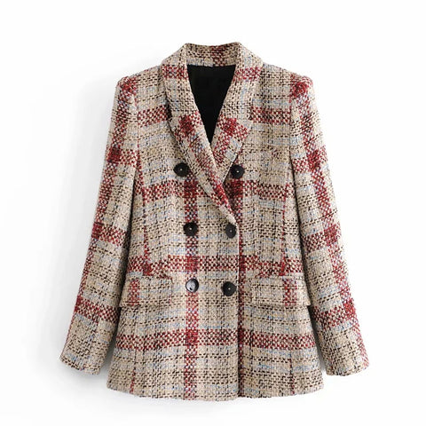 Xitimeao  Women 2023 Double Breasted Tweed Check Blazers Coat Vintage Long Sleeve Pockets Female Outerwear Chic Tops