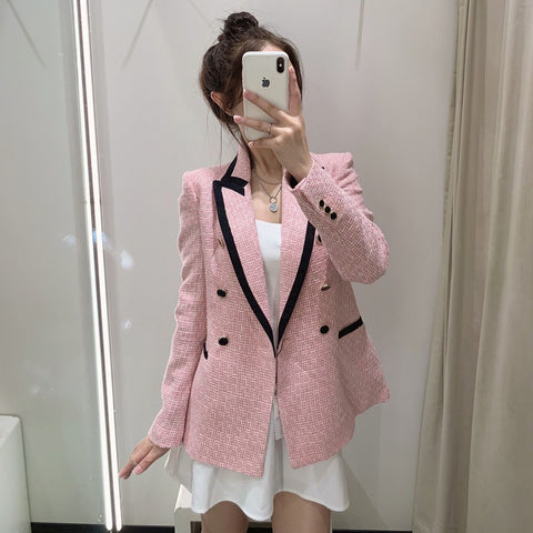 Xitimeao Women Double Breasted Tweed Check Blazers Coat Vintage Long Sleeve Pockets Female Outerwear Chic Tops