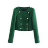 Xitimeao  Women Double Breasted Tweed Check Short Blazers Coat Vintage Long Sleeve Pockets Female Outerwear Chic Tops