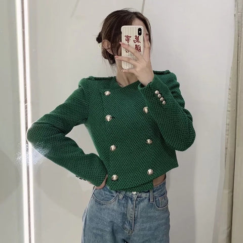 Xitimeao  Women Double Breasted Tweed Check Short Blazers Coat Vintage Long Sleeve Pockets Female Outerwear Chic Tops