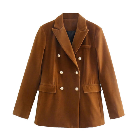 Xitimeao  Women Office Wear Double Breasted Velvet Blazer Coat Vintage Long Sleeve Pockets Female Outerwear Chic Tops