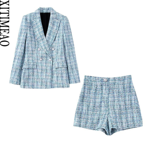 Xitimeao Women Tweed Double Breasted Blazer Coat Vintage Long Sleeve Flap Pockets Female Outerwear And Shorts Chic Sets
