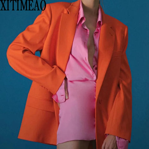 Xitimeao  Women Ins Single Button Oversized Blazer Vintage Long Sleeve Pockets Loose Female Outerwear Personality Coat