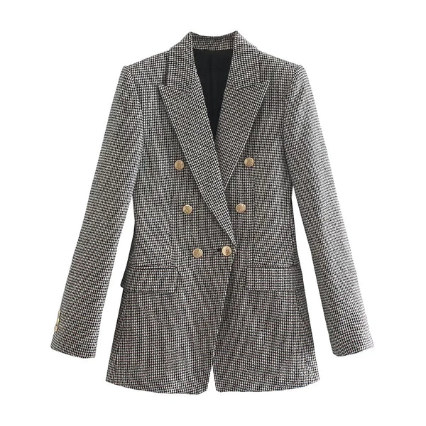 Xitimeao  Women Spring Autumn Double Breasted Plaid Matching Suit Blazers Coat Vintage Long Sleeve Female Outerwear