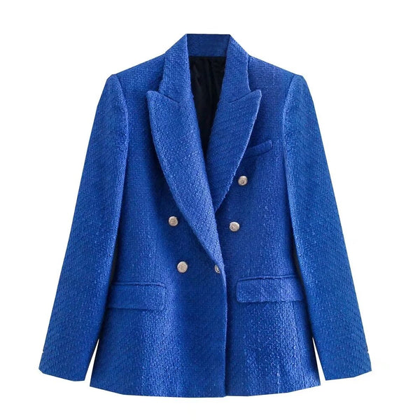 Xitimeao  Women Spring Autumn Double Breasted Tweed Check Blue Blazers Coat Vintage Long Sleeve Female Outerwear