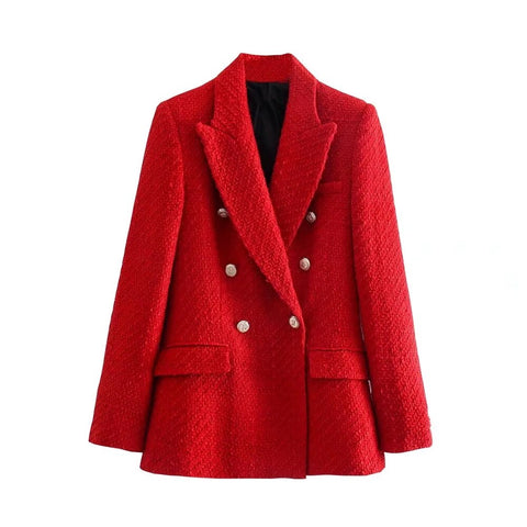 Xitimeao  Women Spring AutumnDouble Breasted Tweed Check Red Blazers Coat Vintage Long Sleeve Female Outerwear