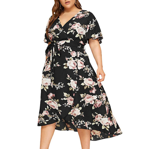 Xl-5xl Plus Size Women Long Dress Short Sleeve V-neck Vintage Elegant Floral Print Boho Dress Beach Holiday Maxi Dress Robe Femm
