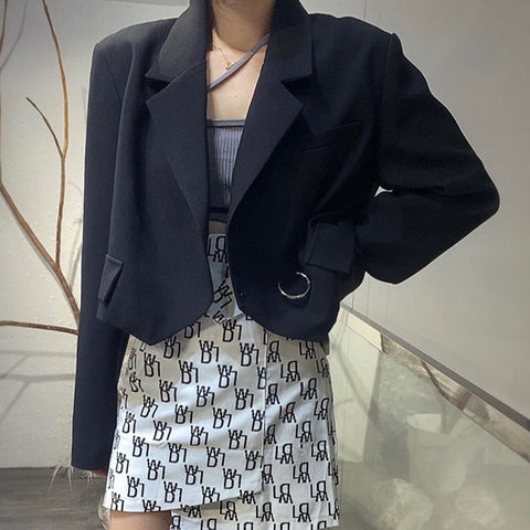 Xpqbb Elegant Chic Women Cropped Blazer Streetwear Long Sleeve Blazers Coat Ladies Solid Color Office Suit Short Coat