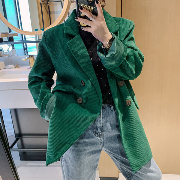 Xpqbb Women's Autumn Corduroy Blazer Korean Long Sleeve Single-Breasted Jackets Ladies 2023 Streetwear Loose Pocket Coats