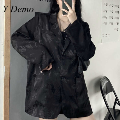 Y Demo Gothic Vintage Dragon Women Jacket Long Sleeve Retro Thin Blazer For Female Fashion