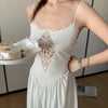 Y Demo Vintage Women Dress Sleeveless Strapless Mid-calf Dress Sexy Lace Hollow Out High Waist Elegant Party Dress