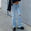 Y2K High Waist Hole Ripped Jeans Women Vintage 90S Washed Blue Straight Pants Streetwear Hollow Boyfriend Baggy Denim Trousers