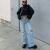 Y2K High Waist Hole Ripped Jeans Women Vintage 90S Washed Blue Straight Pants Streetwear Hollow Boyfriend Baggy Denim Trousers