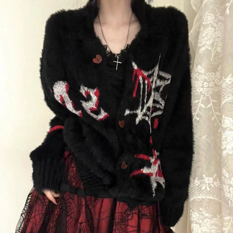 Y2K Knit Cardigan Sweater Punk Emo Jacket Loose Men Women Street Style Vintage Autumn Winter Oversized Gothic Grunge Alt Sweater
