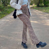 Y2K Leopard Pattern Flare Pants E-girl Vintage Slim Trousers Print High Waist Long Pants Women Double Layer Mesh Sweatpants