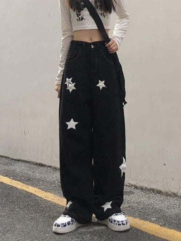 Y2K Retro Emo Black Cargo Jeans Women Streetwear Star Print Gothic Punk Vintage Kpop Wide Leg Denim Pants Female Autumn Trousers