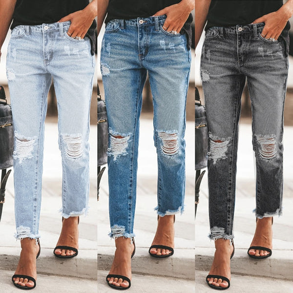 Y2K Ripped Hole Jeans Women Summer Vintage Washed Frayed Trendy Streetwear All-Match Mid-Waist Ankle-Length Denim Pants Female