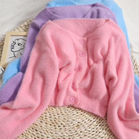 Y2K Soft Mohair Kawaii Pink Sweater Jacket Womens Cardigans Autumn Solid Color Short Korean Cardigan Jacket Women Sweater Coats