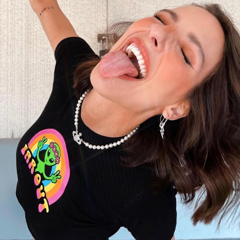 Y2K Streetwear Cartoon Anime Floral Print Crop Tops Indie Aesthetics O-neck Short Sleeve Casual Baby Tees Summer Black T-shirts