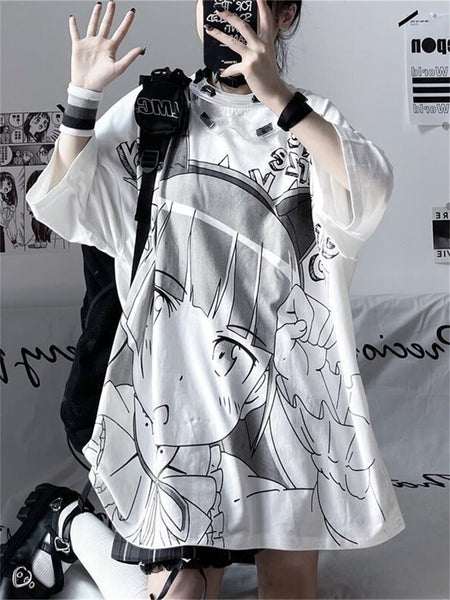 Y2k Baggy Kawaii T Shirts Harajuku Women Japanese Style Loose Short Sleeve Summer Top White Cartoon T-Shirts Alt Clothes