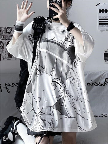 Y2k Baggy Kawaii T Shirts Harajuku Women Japanese Style Loose Short Sleeve Summer Top White Cartoon T-Shirts Alt Clothes