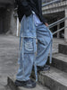 Y2k Jeans Men Grunge Emo Harajuku Streetwear Oversize Pockets Hip Hop Loose Cargo Denim Pants With Bandage Wide Leg Trousers