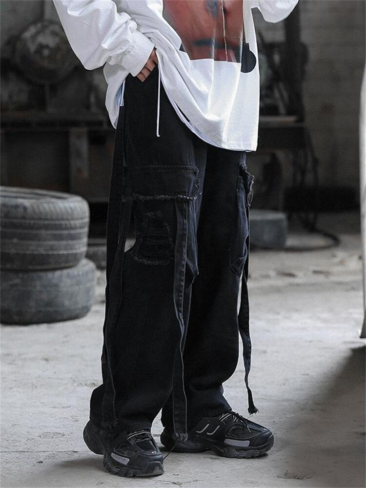 ECELEN Baggy Jeans Pantalon Homme Denim Pantalon Noir Pantalon Wide Leg Homme  Jeans Oversize Cargo Streetwear Coréen Hip Hop Harajuku