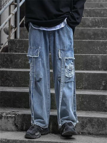 Y2k Jeans Men Grunge Emo Harajuku Streetwear Oversize Pockets Hip Hop Loose Cargo Denim Pants With Bandage Wide Leg Trousers