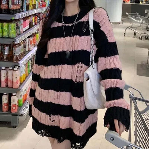 Y2k Striped Loose Sweater Gothic Women's Irregular Ripped Twist Pullover Mid-length Top O Neck Long Sleeve Knit Pullover Sweater