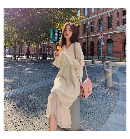 Y2k Women dress Casual V neck Loose Women Sweater Dress Elegant Autumn Winter Dress Ruffles Patchwork Female Long Knitted plus