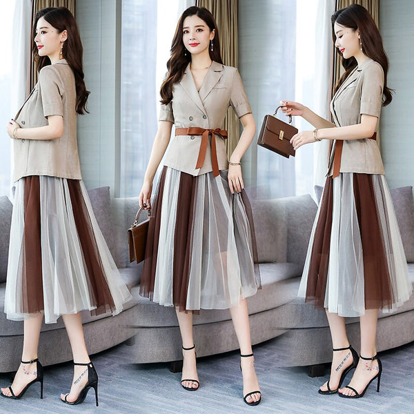 YASUGUOJI 2022 Summer Short-sleeve Double Breasted Blazer with Mesh Pleated Skirt and Suit for Women Two Piece Skirt Suits