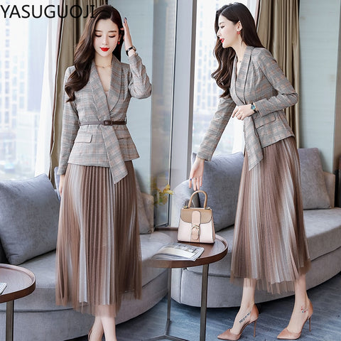 YASUGUOJI Office Lady Casual Plaid Blazer + Mesh Pleated Skirt Suit Set Women Formal Blazer Skirt Set Jacket Skirt Suits Women