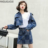 YASUGUOJI Women Denim Jacket Coat + Mini Jean Skirt Two Piece Set Turn-down Collar Denim Jean Buttons Coats Skirt Suits Outfits