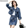 YASUGUOJI Women Denim Jacket Coat + Mini Jean Skirt Two Piece Set Turn-down Collar Denim Jean Buttons Coats Skirt Suits Outfits