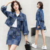 YASUGUOJI Women Denim Jacket Coat + Mini Jean Skirt Two Piece Set Turn-down Collar Denim Jean Buttons Coats Skirt Suits Outfits