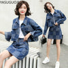 YASUGUOJI Women Denim Jacket Coat + Mini Jean Skirt Two Piece Set Turn-down Collar Denim Jean Buttons Coats Skirt Suits Outfits
