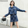 YASUGUOJI Women Denim Jacket Coat + Mini Jean Skirt Two Piece Set Turn-down Collar Denim Jean Buttons Coats Skirt Suits Outfits