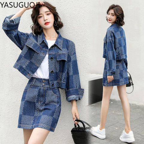 YASUGUOJI Women Denim Jacket Coat + Mini Jean Skirt Two Piece Set Turn-down Collar Denim Jean Buttons Coats Skirt Suits Outfits