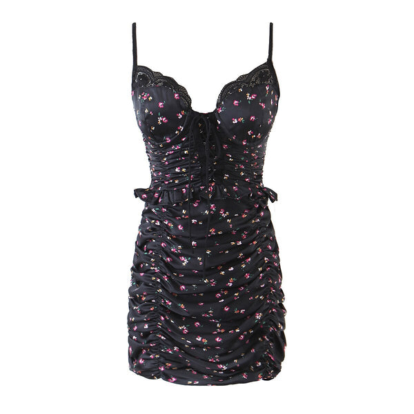 YENKYE Women Floral Print Sling Dress Female Lace Trim Party Night Club Sexy Dress Summer Bodycon Mini Draped Vestido