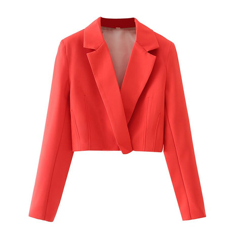 YENKYE Women Red Cropped Blazer Vintage Long Sleeve Wrap Double Breasted Short Outerwear Office Ladies Summer Chic Tops