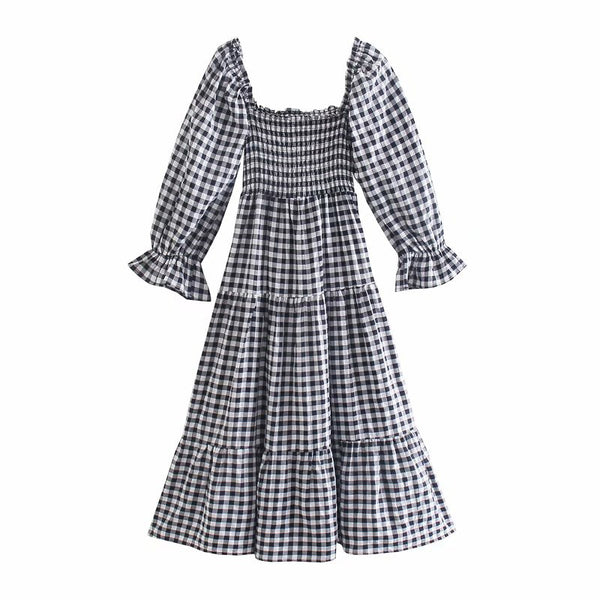 YENKYE 2022 Women Sweet Bow Vintage Plaid Dress Female Sexy Square Neck Puff Sleeve Holiday Casual  Robe Midi Vestido