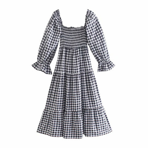 YENKYE 2022 Women Sweet Bow Vintage Plaid Dress Female Sexy Square Neck Puff Sleeve Holiday Casual  Robe Midi Vestido