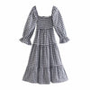 YENKYE 2022 Women Sweet Bow Vintage Plaid Dress Female Sexy Square Neck Puff Sleeve Holiday Casual  Robe Midi Vestido
