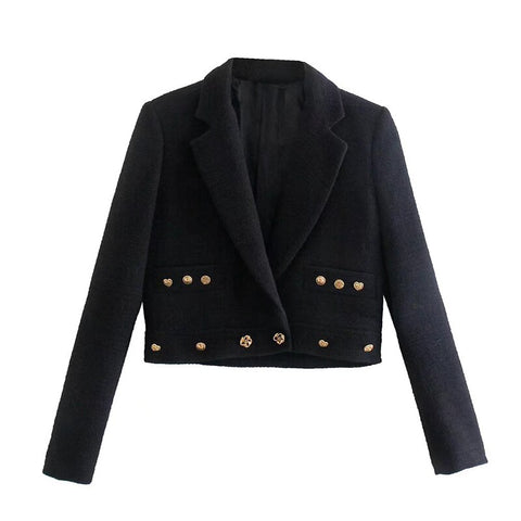 YENKYE Fall Women Button Decoration Crop Blazer Mujer Vintage Black Double Breasted Tweed Outerwear Long Sleeve Chic Tops
